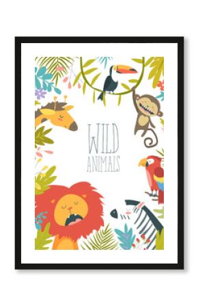 Happy jungle animals creating a framed background. Vector illustration