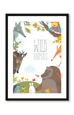 Nature frame with trees, animal and birds. Vector illustration