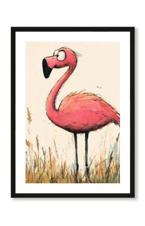 Cute cartoon flamingo illustration in a field artfully sketched