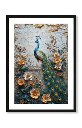 Elegant peacock art display floral wall mural vibrant colors artistic environment close-up perspective