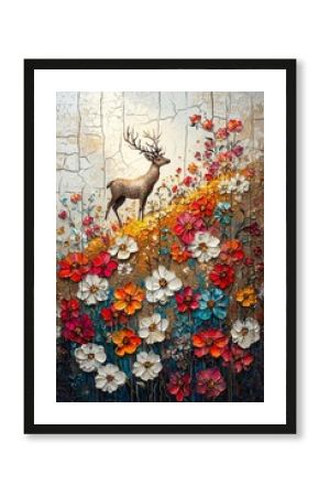 Majestic deer walking among vibrant flowers serene landscape digital art nature panoramic view wildlife beauty