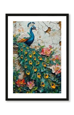 Elegant peacock displaying vibrant feathers amidst floral textures indoor art colorful environment artistic perspective