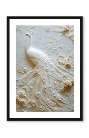 Elegant white peacock sculpture art gallery relief artwork serene environment close-up view nature inspiration