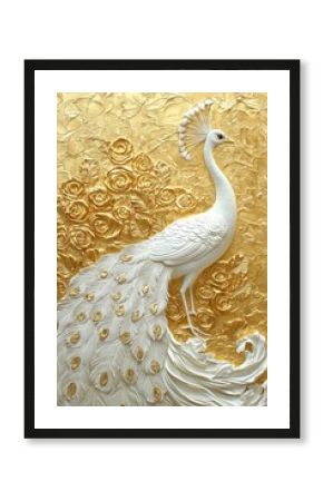 Elegant white peacock sculpture against golden floral background art piece luxurious decor detailed view