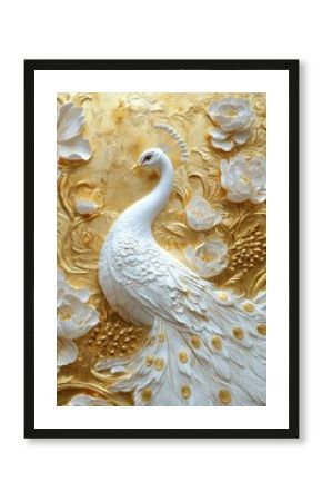 Elegant white peacock sculpture with floral accents in golden background art installation contemporary design