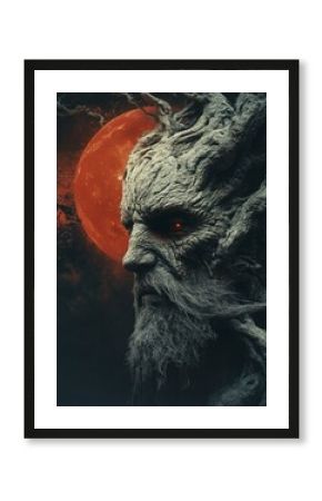 Gnarled tree-like creature with glowing red eyes against a blood moon.