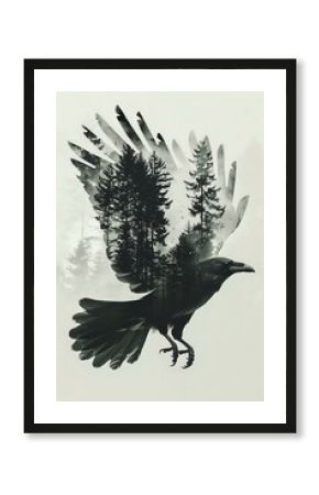 Double exposure silhouette of flying raven combined with misty pine forest landscape, perfect for mystical wall art, book covers and atmospheric design projects.