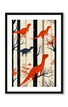 Bright orange dinosaur sculptures playfully arranged in a forest during autumn season