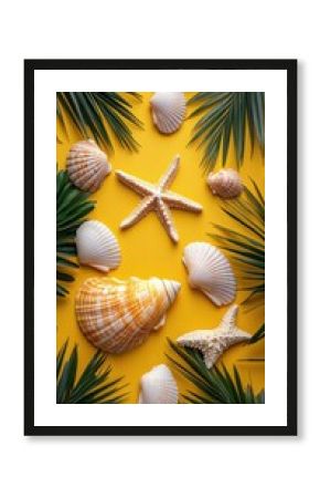 Colorful marine shells and starfish arranged with green palm leaves on a vibrant yellow background