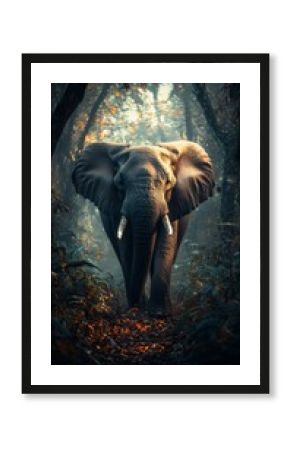 Majestic elephant walking through lush tropical forest at dawn