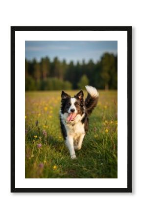 Happy Border Collie Running in Wildflower Meadow