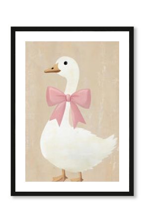 White goose with pink bow, character design of a silly goose, vintage style