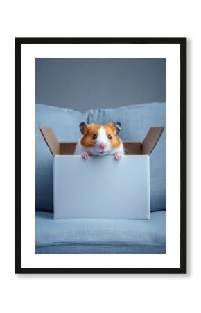 Curious Hamster Peeking from a Cardboard Box on a Sofa