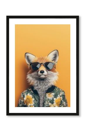 Pixel Art Fox Wearing Sunglasses and Floral Jacket Against Yellow Background