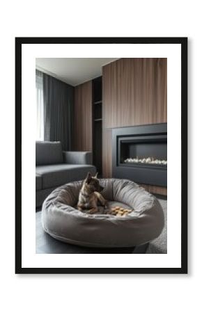 Contemporary hotel room with minimalist decor, a deluxe pet bed near the fireplace, organic treats displayed on a modern coffee table