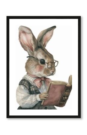 Rabbit reading book watercolor clothing rodent mammal.