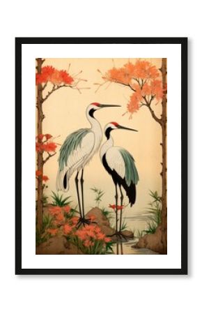 Ukiyo-e art two cranes painting animal bird.