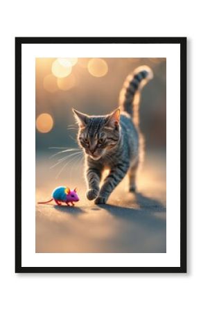 Cat playfully approaches a colorful toy mouse while sunlight creates a warm glow in the background