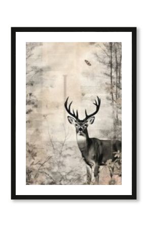 Wallpaper ephemera pale Deer wildlife animal antler.