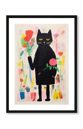 A black cat holding a bunch of flowers sitting colorful clothes painting mammal animal.