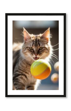 Cat plays with a colorful ball in warm sunlight during a playful afternoon