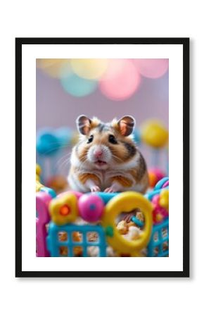 Cute hamster explores colorful playpen filled with toys during cheerful indoor setting