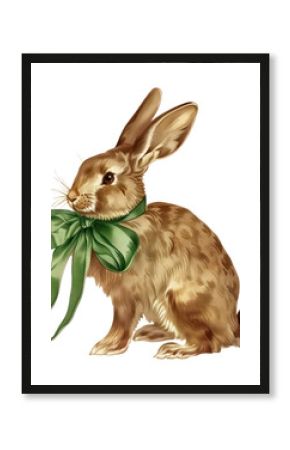 PNG Rabbit wear green ribbon illustration vintage animal.