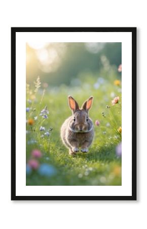 Cute rabbit hopping through a colorful meadow filled with wildflowers during a sunny afternoon in spring