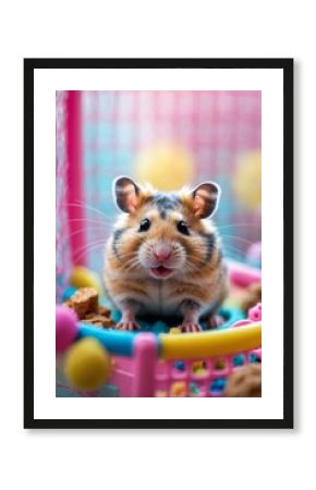 Happy hamster enjoying playtime in colorful enclosure filled with toys and treats