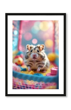 Cute hamster exploring a colorful play area filled with toys and treats during afternoon hours