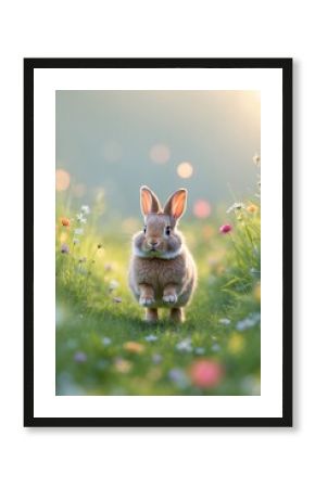 Cute rabbit hopping through a field of colorful wildflowers during a sunny afternoon