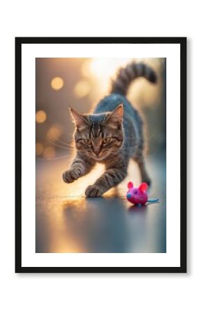 Cat playfully chasing a colorful toy mouse at sunset in a soft, warm atmosphere