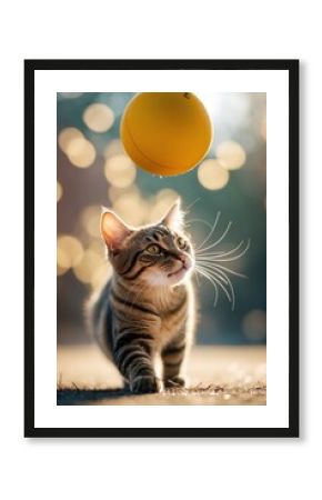 Playful tabby cat reaches for a bright yellow ball during a sunny afternoon in a garden setting