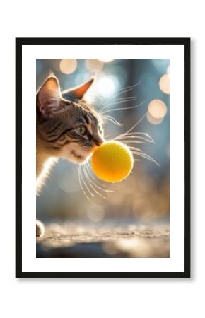 Cat playing with a bright yellow ball in a soft, blurred background of golden light during the afternoon