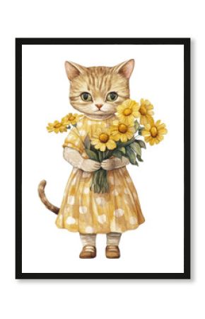 PNG A cat wearing yellow dress carry yellow flower flowers art illustration.