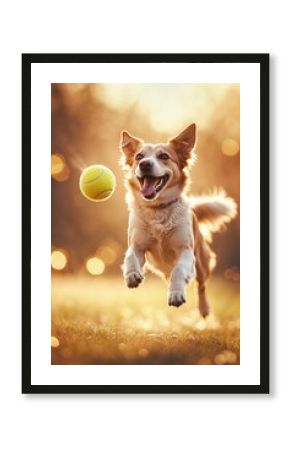 Joyful dog leaps in the golden sunlight to catch a bright yellow tennis ball during a playful afternoon at the park