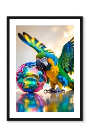 Colorful macaw parrot interacts with vibrant toy in bright setting during the afternoon