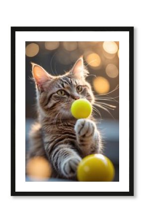 Playful cat interacts with bright yellow ball under warm bokeh lights in a cozy indoor space