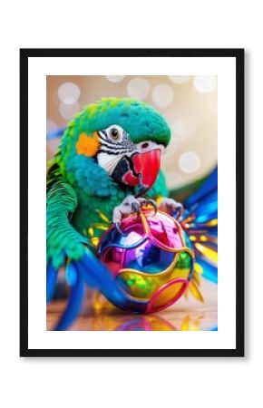 Colorful macaw parrot plays with a shiny ball in a bright indoor setting during the afternoon