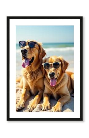 Happy golden retrievers in sunglasses enjoy a sunny beach day, capturing the essence of summer fun and friendship.