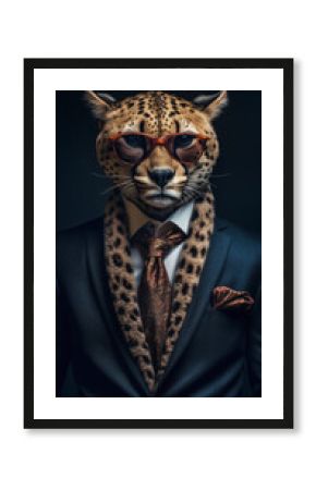 Leopard dressed in elegant suit, powerful businessman, confident cheetah leader, anthropomorphic animal posing with charismatic human attitude