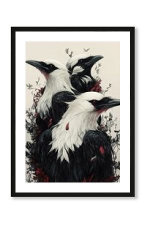 Three Ravens in Floral Embrace: Dark Art Illustration