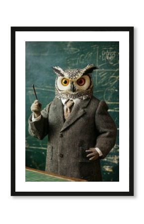 owl teacher in a suit with glasses points to the school desk with a pointer