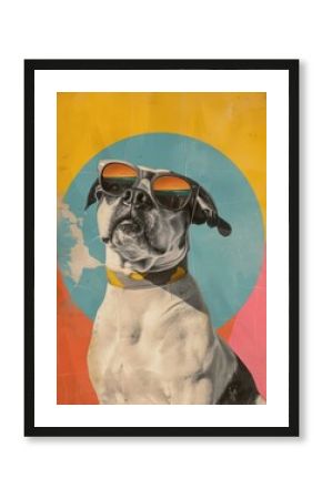 Retro collage of a dog sunglasses art painting.