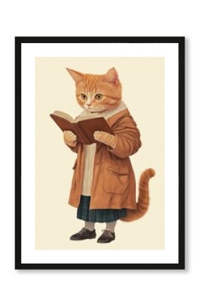 Cat reading a book animal vintage human.