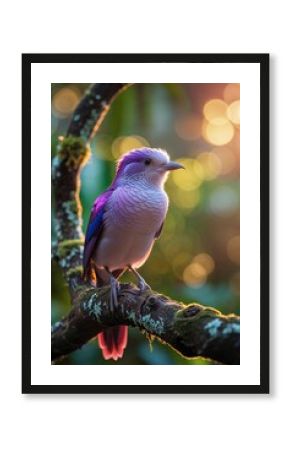 Colorful bird perched on a branch amidst lush greenery during golden hour