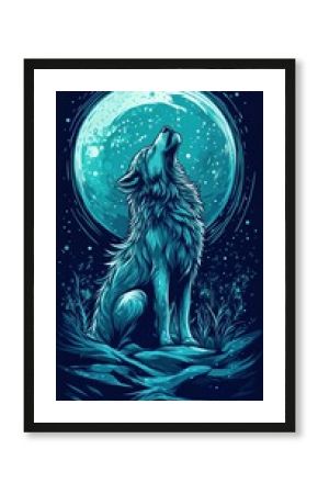 Wolf Howling Under Bright Moonlight With Vibrant Blue Tones in a Mystical Forest