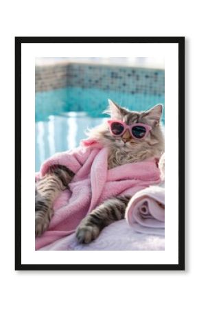 cat wearing a pink bathrobe and sunglasses, lying next to a pool at a spa day,