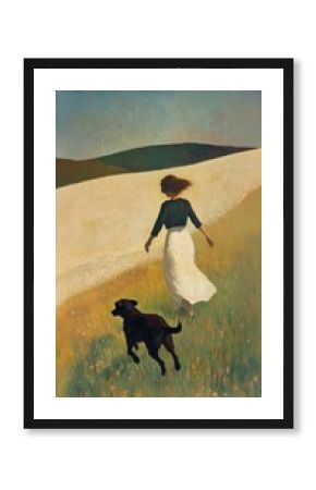 Woman running in meadow dog landscape painting.