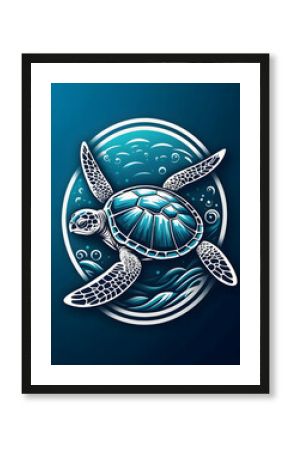 A stylized illustration depicting a swimming sea turtle underwater